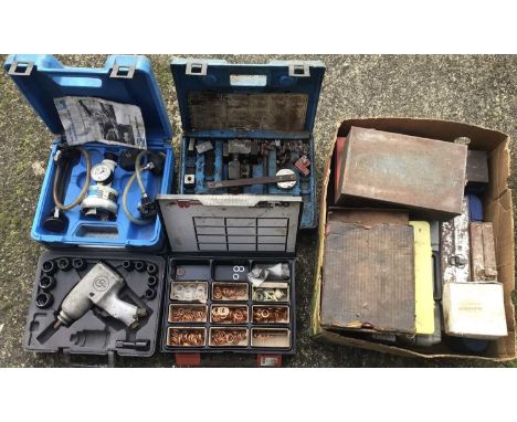 Miscellaneous cased garage tools including cooling system tester, amp meter, diesel engine locking set, impact gun etc