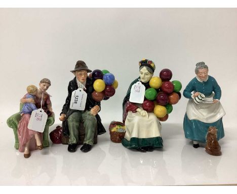Four Royal Doulton figures - The Balloon Man HN1954, The Old Balloon Seller HN1315, When I Was Young HN3457 and The Favourite