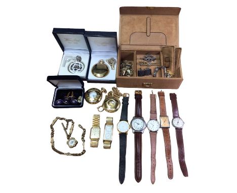 Group of vintage and later wristwatches, contemporary pocket watches, plated watch chain with compass fob and other bijouteri