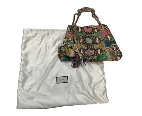 Gucci multicoloured python tote bag with removable tassel and chain shoulder strap, interlocking GG logo stitching. Soft bag 