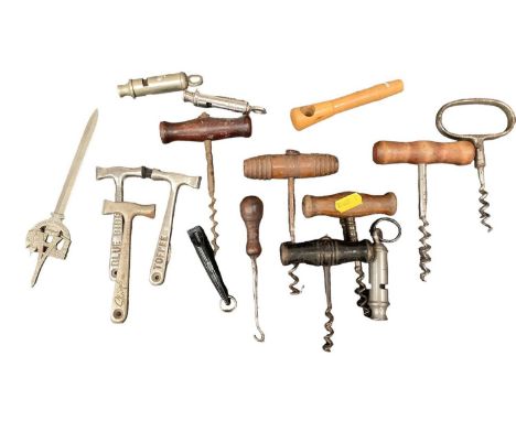 Collection of corkscrews, whistles, toffee hammers, caddy spoons etc