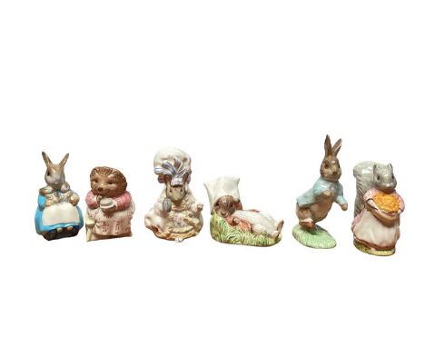 Six Royal Albert Beatrix Potter figures - Peter Rabbit, Goody Tiptoes, Lady Mouse, Mrs Tiggy Winkle Takes Tea, Benjamin Wakes