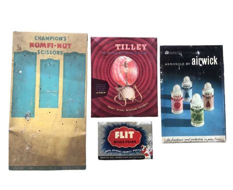 Four vintage signs including Tilley heater, aerosols by Airwick, Kumfi-Kut scissors and Flit kills flies