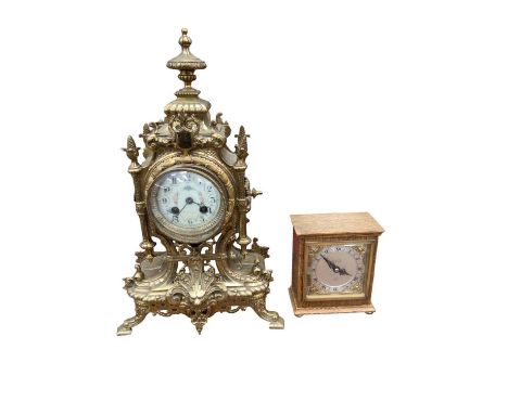 Ornate Victorian brass mantel clock with painted enamel dial together with small oak cased mantel clock with brass dial, name