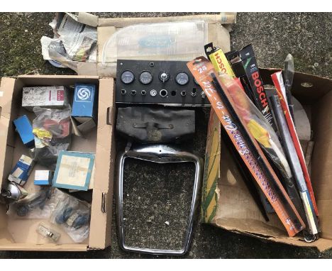 Crome grill surround (possibly for a Riley), BMC branded vinyl bag and small group of new old stock light lenses and sundry a