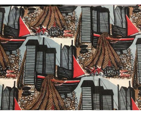 Pair of 1955 cotton curtains, artist designed fabric, Robert Taverner 'Fisherman's Dream. 115 x 120 coms approximately.