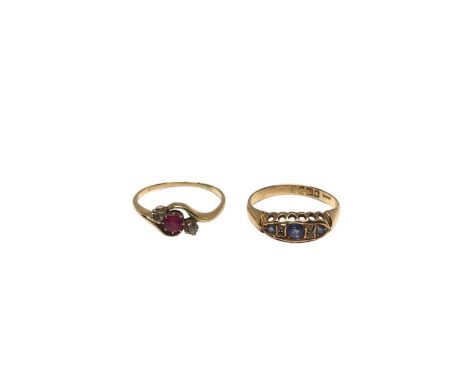 Victorian 18ct gold sapphire and diamond ring, together with a ruby and diamond three stone ring (2)Sapphire and diamond ring