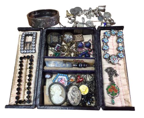 Victorian leather jewellery box containing antique and later jewellery including a silver bangle, silver charm bracelet, Russ