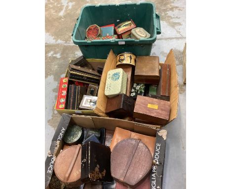 Lot vintage tins, money boxes, treen boxes and leather goods ( four boxes)