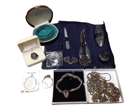 Group of silver and white metal jewellery including a gate bracelet, coin pendants, various chains, bangle, rings and a part 