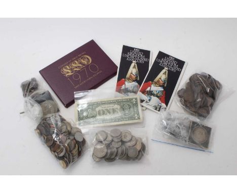 World - Mixed coinage to include G.B. Victoria OH Crown 1893 (N.B. Edge bruises) otherwise VG, Royal Mint proof set 1970 (N.B