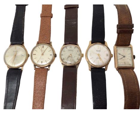 Five 9ct gold cased vintage wristwatches on leather straps including Accurist, Record, Rotary Super-Sports, one other Rotary 