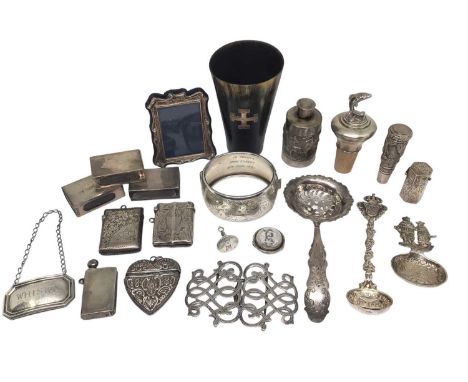 Group of mixed silver to include vesta cases, match box holders, bangle, buckle, crystal lapel brooch, small picture frame, s