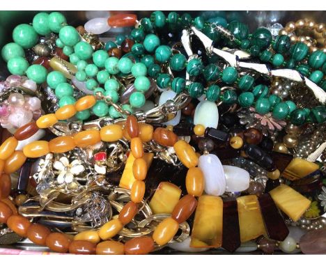 Vintage amber bead necklace, malachite, green hard stone and various other vintage bead necklaces, white metal Celtic ring, c