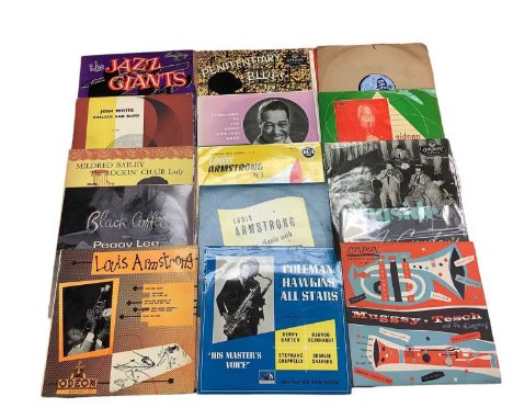 Vintage case containing LP records including some 10 inch featuring Dave Brubeck, Larry Carlton, Billie Holiday, Miles Davis 