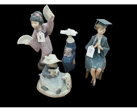 Four Lladro porcelain figures including Geisha girl and girl with two lambs