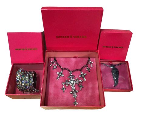 1980s Butler &amp; Wilson multi-coloured diamanté novelty snake wrap bangle, large cross pendant necklace and a black wing ne