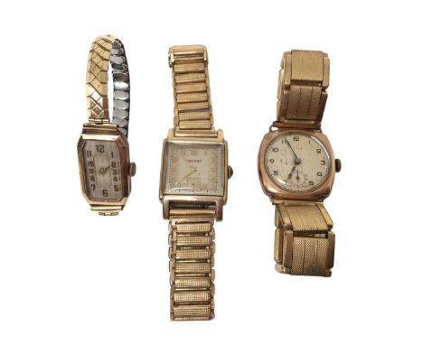 Three 9ct gold cased vintage wristwatches on gold plated braceletsTotal weight 89 grams