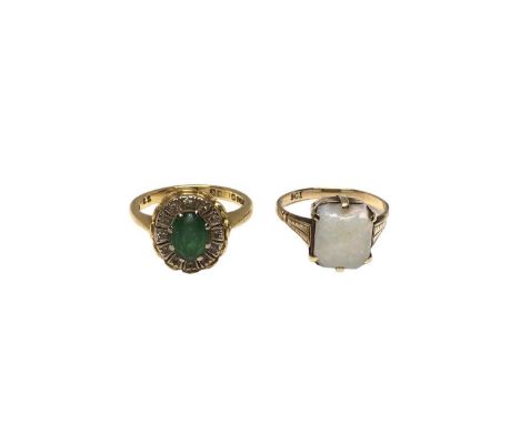 18ct gold emerald and diamond cluster ring, size L½ and a 9ct gold opal dress ring, size K½ (2)18ct gold ring weighs 5.1 gram