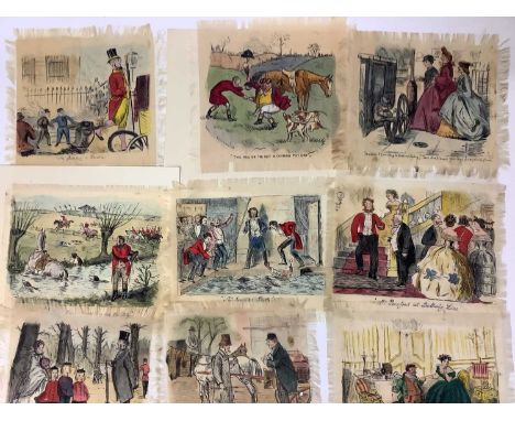 A group of hand painted silk mats, hunting illustrations inspired by the Mr Jorrock series of books.