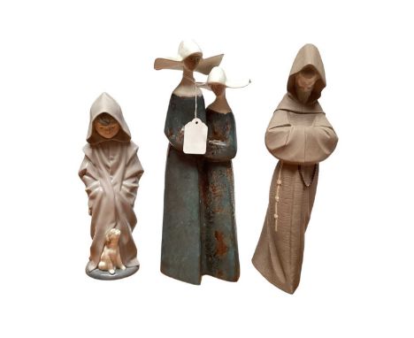 Six Lladro and NAO figures including Nuns, Oriental lady carrying child, Girl with birthday cake and dog by her side, Francis