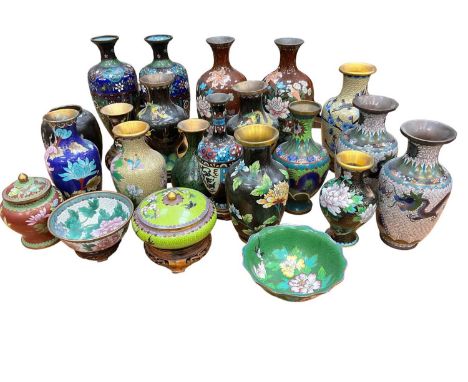 Large collection of Chinese and Japanese cloisonne vases and pots. (22)