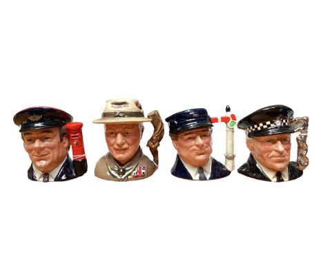 Four Royal Doulton character jugs - Lord Baden-Powell D7144, The Postman D6901, The Policeman D6852, and The Engine Driver D6