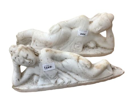 Pair of carved marble figures modelled as reclined geishas, each 39cm in length (2)