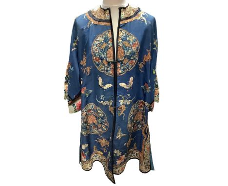 19th century Chinese women's silk embroidered robe with sleeve bands. Embroidered in forbidden stitch and satin stitch flower