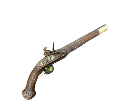 Good quality 19th century Eastern/Balkern flintlock holster pistol with silver inlaid decoration to barrel and lock, carved s