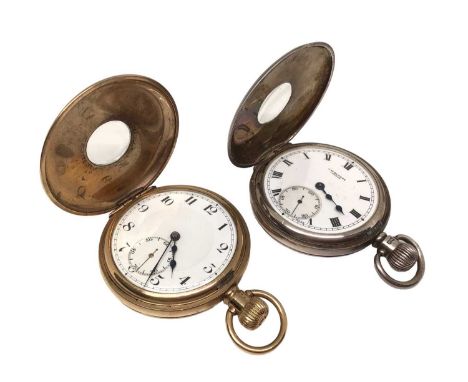 Silver half hunter pocket watch by J. W. Benson, London and a similar gold plated (2)Silver pocket watch- the front case does