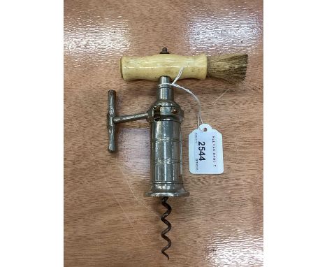 Victorian nickel plated Kings Patent type corkscrew with turned bone handle with brush and side winding mechanism