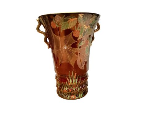 Carltonware Rouge Royale twin handle vase with spider web ornament, 28cm high 
