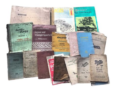 Collection of owners handbooks and car manuals including Land Rover 1954-58 Series 1, The Austin Seven, Jaguar and Triumph Sp