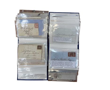 Victorian Postal history items in album including 1840 2nd Blue Red Maltese Cross cancel, Norwich Uniform 4d Post with manusc