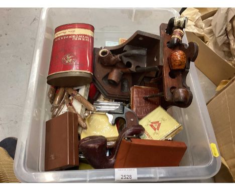 Lot vintage lighters and smoking related collectables including pipes, cigars, cigarette cases etcMultiple additional images 