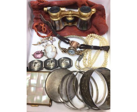 Silver powder compact, silver mounted cameo brooch, various white metal bangles, wristwatches, Iris Paris mother of pearl and