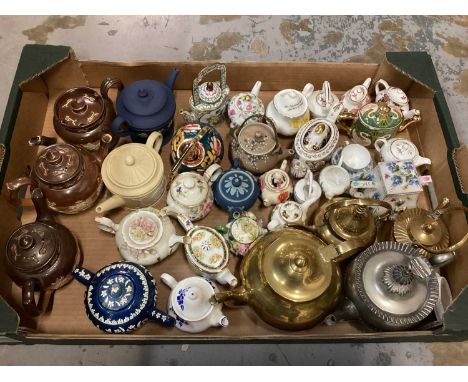 Collection of miniature teapots including Spode and Coalport, together with three larger Doulton stoneware teapots and two We