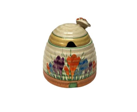 Clarice Cliff Crocus pattern Beehive honey pot, 10cm highTiny chip to the rim of the lid, otherwise good condition