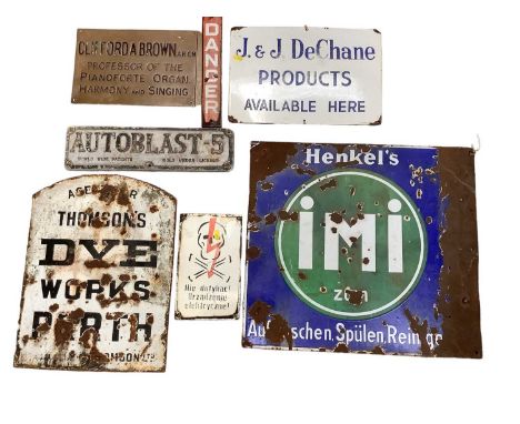 Selection of enamel signs, including 'J&amp;J DeChane Products', two danger signs, 'Thomson's Dye Works Perth', Henkel's, tog