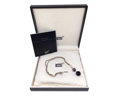 Mont Blanc silver, blank onyx and pearl pendant necklace, 48cm long, boxed as new