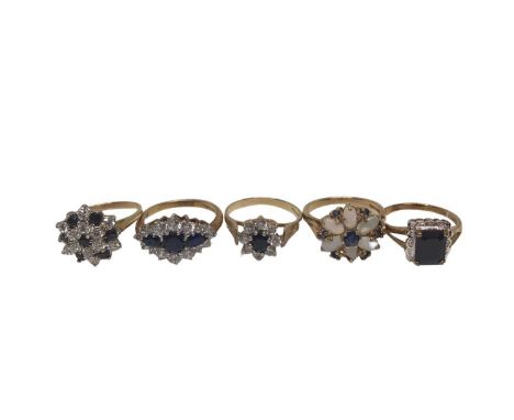 Five 9ct gold and gem-set dress rings to include an opal and sapphire cluster ringGood condition, weighs approximately 13.1 g