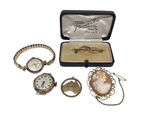 9ct gold mounted cameo brooch, 9ct gold Australia pendant, two 9ct gold cased vintage wristwatches and an Edwardian 15ct gold