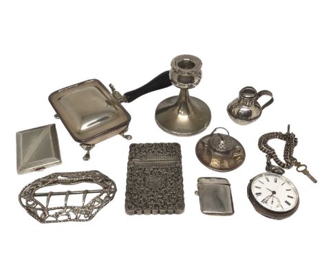 Group of silver items to include an Irish silver Silent Butler with wooden handle (Dublin 1944), a novelty silver 'teapot' te