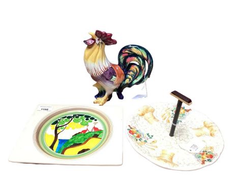 Royal Staffordshire Clarice Cliff Biarritz Bizarre square dish (later decorated), a Clarice Cliff Newport Pottery Celtic Harv