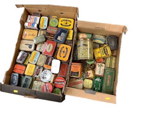 Four boxes of vintage tins and advertising, tobacco and others