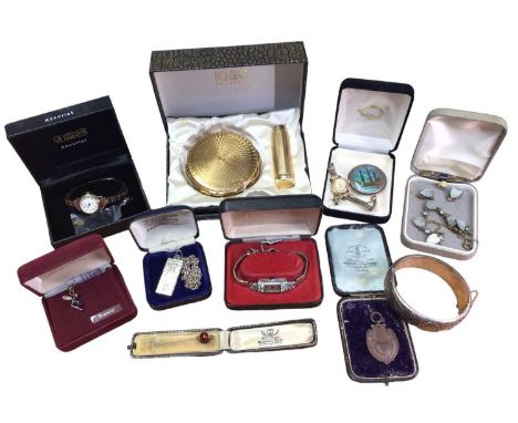 Group of costume jewellery and bijouterie including 9ct gold cased Accurist wristwatch on plated bracelet, vintage paste set 