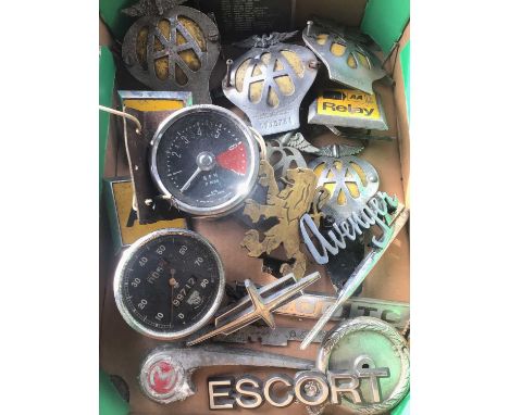 Group of vintage AA car badges, other badges and gauges