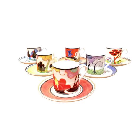 Set of six limited edition Cafe Chic Wedgwood Clarice Cliff coffee cans and saucers - May Avenue, Red Tree, Blue Firs, Windmi