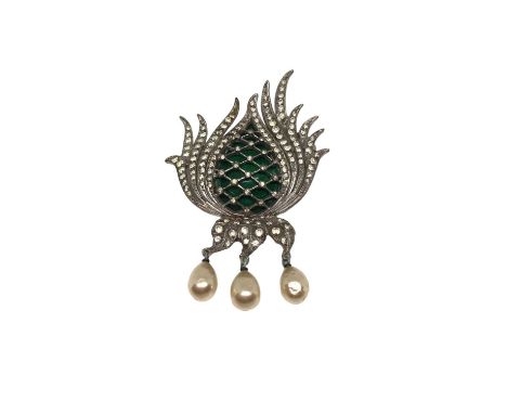 1960s Christian Dior paste set brooch with green enamel panel and three simulated pearls suspended from the leaves, 7cm long 
